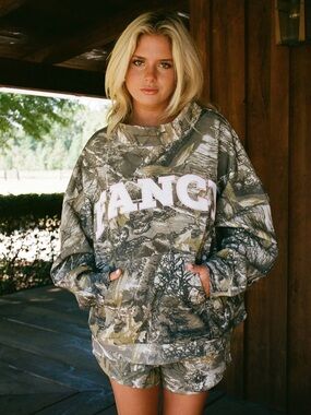 FANCY Plush-Lined Camouflage Hoodie - Olive & Cream (pink & white lettering)
